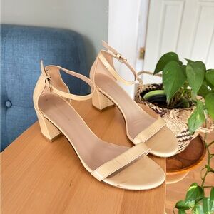 Stuart Weitzman Nudistcurve 75 Nude Patent Block Heel Sandals Sz 8